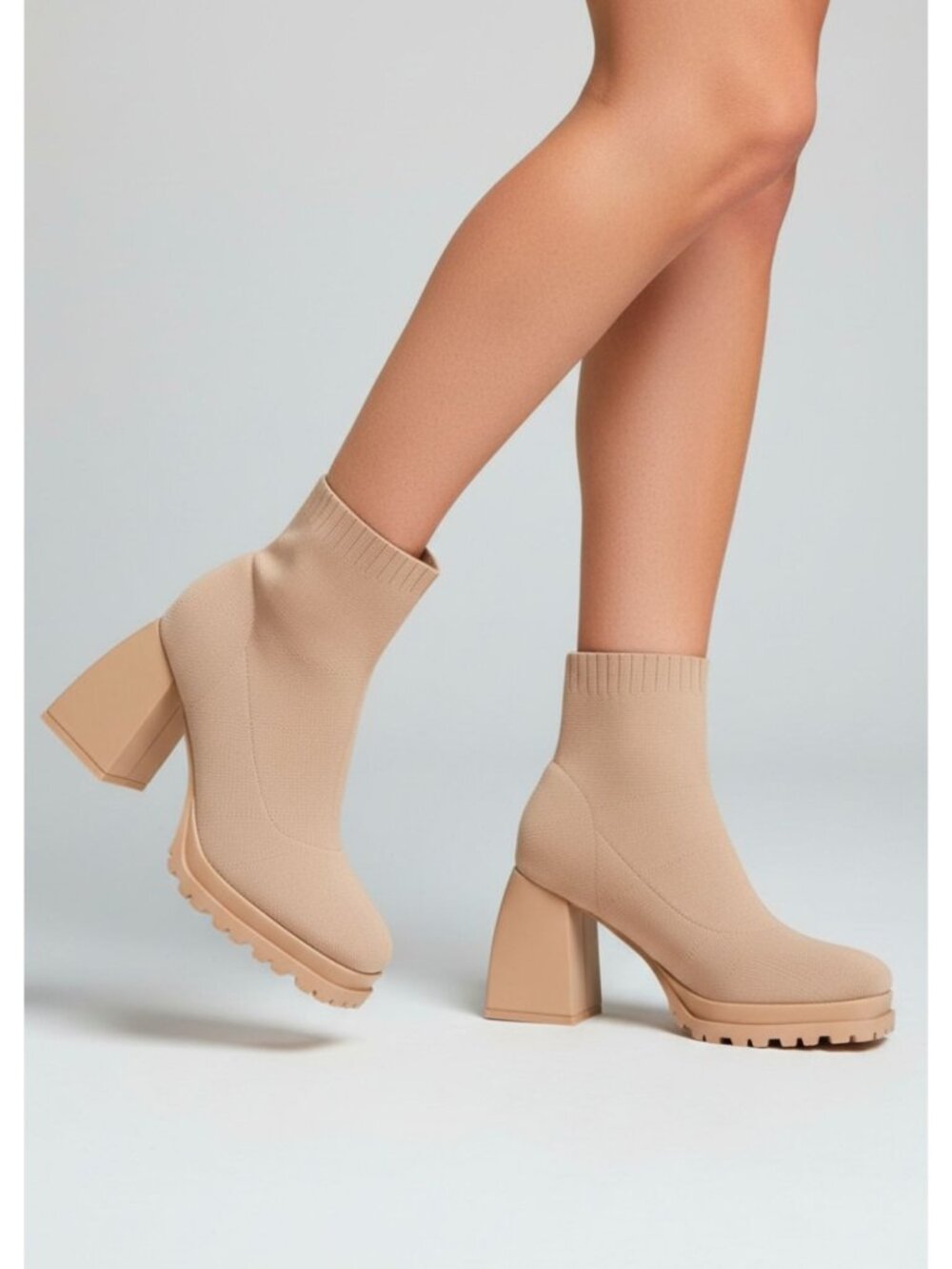 Chunky Heel Knit Ankle Boots Nude Lug Sole Sock Booties For Women